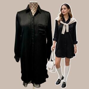 Rag & Bone Shirt Dress Black Sz 8 Midi Roll-Tab Sleeves Layered Tunic Minimalist